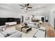 Open-concept living room with modern decor, stylish furniture, and seamless flow into the kitchen and dining area at 4017 Mebane Oaks Rd, Mebane, NC 27302