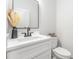Stylish powder room with a white sink, vanity, and a rectangular mirror above the toilet at 4037 Mebane Oaks Rd, Mebane, NC 27302