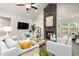 Cozy living room featuring vaulted ceilings and a beautiful stone fireplace at 1053 Beechcraft Dr # 124, Mebane, NC 27302