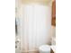 Bathroom featuring a shower with curtain, toilet, and wooden cabinet for storage at 1516 Bradsher Dr, Stem, NC 27581