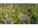 An aerial view of a property reveals a tennis court and pool amidst lush, mature trees at 1801 Irish Blvd, Sanford, NC 27332