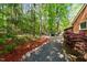 Pathway leading to the backyard, with lush trees and landscaping on both sides at 1801 Irish Blvd, Sanford, NC 27332