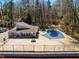 Overhead view of amenity area with a covered pool, picnic table, and trees, a perfect spot for recreation at 220 Elizabeth St # F-2, Chapel Hill, NC 27514
