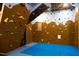 Indoor climbing wall with colorful holds and padded flooring for a fun and safe recreational space at 336 Timberline Dr, Pittsboro, NC 27312