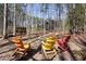 Inviting outdoor seating area with colorful Adirondack chairs, perfect for enjoying the serene wooded surroundings at 336 Timberline Dr, Pittsboro, NC 27312