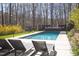 Inviting backyard pool with tanning deck and comfortable lounge chairs amid natural wooded setting at 336 Timberline Dr, Pittsboro, NC 27312
