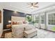 Beautiful main bedroom featuring a tufted headboard, large windows, a ceiling fan, and elegant decor for relaxation at 3929 Glenlake Garden Dr, Raleigh, NC 27612