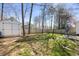 Lush backyard features a storage shed, a wooden fence, mature trees, and a small patio dining area at 513 Jaffiley Ct, Wake Forest, NC 27587