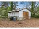 Exterior view of the outbuilding showing its white siding, concrete block foundation, and door at 513 Kenway St, Garner, NC 27529