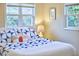 Bedroom with a white bed and blue pattern, complemented by natural light from two windows at 101 Newell St, Durham, NC 27705