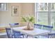 A white dining table is decorated with flowers and surrounded by blue chairs in a naturally lit room at 101 Newell St, Durham, NC 27705