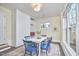 Bright dining room featuring a white table with blue chairs, large windows, and neutral walls with white trim at 101 Newell St, Durham, NC 27705