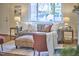 Comfortable living room featuring a gray sofa, decorative pillows, and natural light from a window at 101 Newell St, Durham, NC 27705