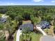 Stunning aerial view of a house with a long driveway and manicured lawn in a lush, green neighborhood at 2829 Theresa Eileen Way, Raleigh, NC 27603