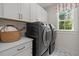 Functional laundry room with modern washer and dryer, built-in cabinets, and window view at 4706 Cypress Tree Ln, Raleigh, NC 27612