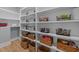 Walk-in pantry has lots of shelving and storage for food and small appliances in baskets and bins at 110 Black Swan Dr, Youngsville, NC 27596