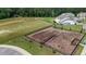 Scenic aerial view of community amenities, including fields, pond, and recreational areas at 1131 Pate Farm Ln, Durham, NC 27703