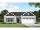 Charming single-story home with gray siding, stone accents, a covered front porch, and a two-car garage at 199 Pretty Run Branch Lane, Wendell, NC 27591