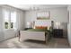 Bright bedroom features a window, modern chandelier and neutral toned furnishings, creating a cozy feel at 2007 Trident Maple Ln, Chapel Hill, NC 27517