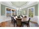 Formal dining room featuring a large wood table and bright green accent walls at 3 Alumwood Pl, Durham, NC 27705