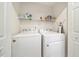 Functional laundry room featuring a modern washer and dryer, shelving, and a clean, bright space at 4070 Landover Ln, Raleigh, NC 27616