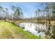 Scenic view of the pond with grassy banks and mature trees, creating a relaxing natural setting at 4324 Old Lewis Farm Rd, Raleigh, NC 27604