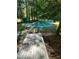 Backyard in ground pool with surrounding mature trees on large lot at 4324 Old Lewis Farm Rd, Raleigh, NC 27604