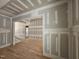 Partially-constructed living room with decorative wall panels and hardwood floors awaiting finishing touches at 98 Fox Oak Trl, Pittsboro, NC 27312