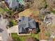 Overhead aerial view of a beautiful home with a gray roof, green lawn and a meticulously maintained landscape at 101 Listokin Ct, Cary, NC 27519