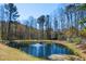 Picturesque pond with fountain feature, surrounded by natural landscaping and providing a peaceful ambiance at 102 Battenburg Ct, Cary, NC 27519