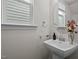 Bathroom with pedestal sink, oval mirror, and window at 105 Concordia Woods Dr, Morrisville, NC 27560