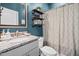 Bathroom with single granite sink and blue painted walls at 115 Cliffview Dr, Garner, NC 27529