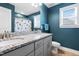 Bathroom with double granite sink and blue painted walls at 115 Cliffview Dr, Garner, NC 27529