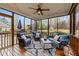 Cozy screened porch with wood floors, wicker seating, ceiling fan, and views of the backyard at 1210 Poplar Forest Lane Ln, Pittsboro, NC 27312