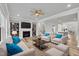 Bright living room with a fireplace, built-in shelving, neutral furniture, and open access to the kitchen at 1434 Rosepine Dr, Cary, NC 27519