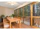 Inviting screened porch with a wood dining table set and views of the lush, wooded backyard at 1603 Stonegate S, Sanford, NC 27332