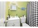 This bathroom features a stylish vanity, modern toilet, and trendy black-and-white shower curtain at 1614 Homewood Ave, Durham, NC 27707