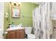 This bathroom features a modern vanity, mirror, toilet, and patterned shower curtain at 1614 Homewood Ave, Durham, NC 27707