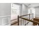 Bright hallway showcasing stairs with wood railing and view into bedroom with natural light and neutral color palette at 3574 Johnson Grant Dr, New Hill, NC 27562