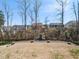 Lush backyard with mature trees, a cozy fire pit, and attractive landscaping features at 521 Ivy Arbor Way, Holly Springs, NC 27540