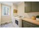 Functional laundry room with modern appliances, butcher block countertop, and ample storage space at 56 Mist Wood Ct, Pittsboro, NC 27312