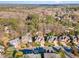 Aerial view of homes with mature trees, and the distant skyline on a partly cloudy day at 5624 Bennettwood Ct, Raleigh, NC 27612