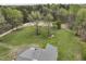 Aerial view of a sprawling lawn with trees and a house with a patio set, surrounded by a serene landscape at 610 Flemingtown Rd, Henderson, NC 27537
