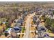 An aerial view of a quiet neighborhood showcasing mature trees, well-manicured lawns and community pool at 804 Cambridge Hall Loop, Apex, NC 27539