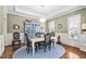 Elegant dining room with blue accent cabinet, modern lighting, and zebra-patterned chairs at 804 Cambridge Hall Loop, Apex, NC 27539