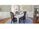 Formal dining room featuring a white table, zebra print chairs, and blue area rug at 804 Cambridge Hall Loop, Apex, NC 27539