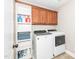 Bright laundry room provides ample storage with upper cabinets and includes modern washer and dryer at 424 Hocutt Farm Dr, Clayton, NC 27527