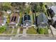 An aerial view of a neighborhood street, showcasing a modern renovated two-story house at 613 Canal St, Durham, NC 27701