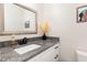 A bathroom features a granite countertop, white cabinets, and modern faucet at 703 Sybil Dr, Durham, NC 27703