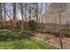 Landscaped backyard with manicured lawn, decorative borders, and mature trees and shrubs providing privacy at 1217 Wedgeland Dr, Raleigh, NC 27615